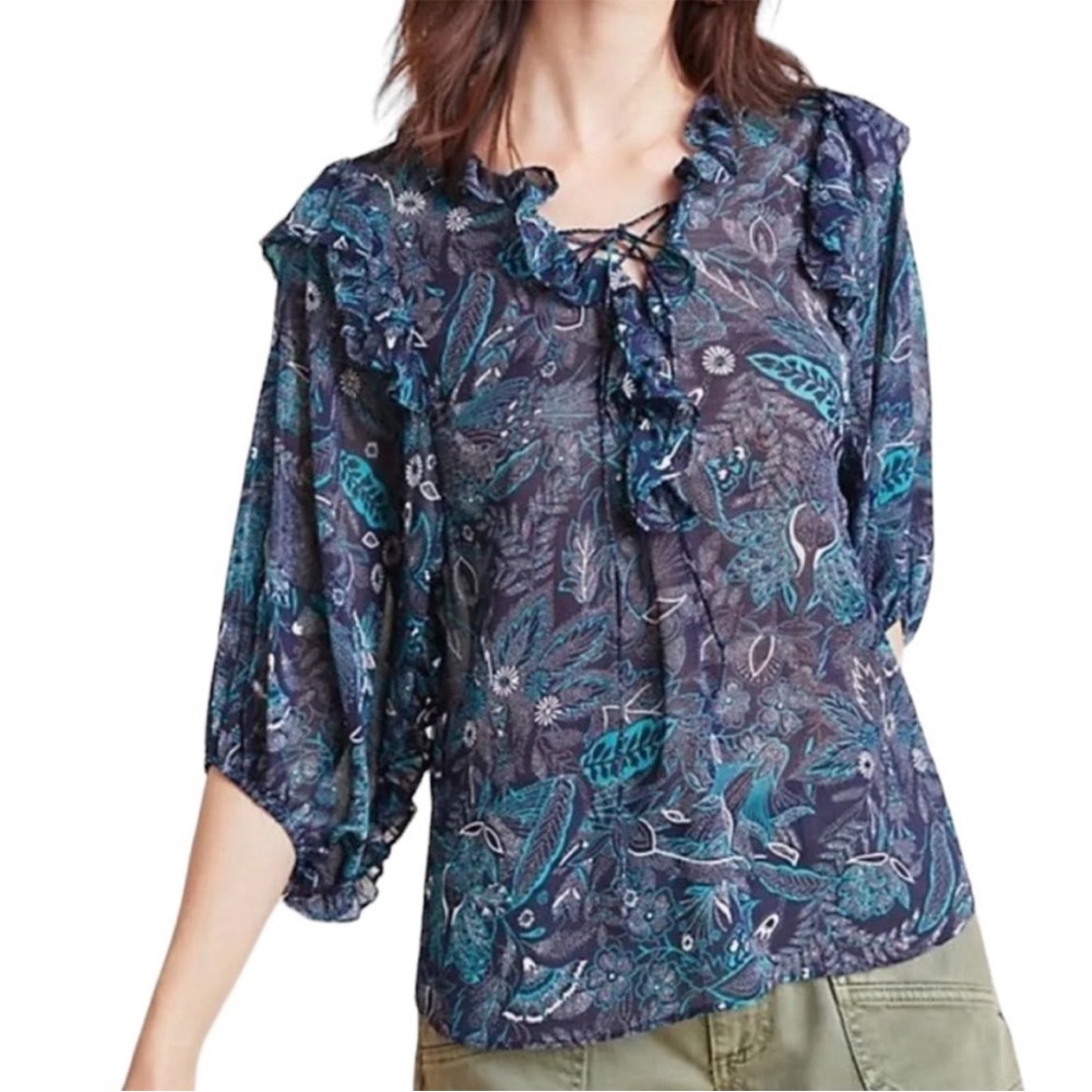 Anthropologie Haida floral sheer peasant ruffle blouse Sz XS excellent condition